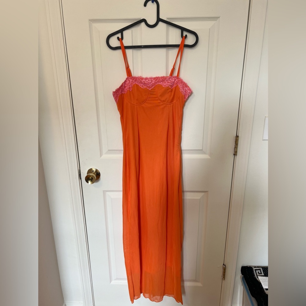 Pink and orange lace body slip dress